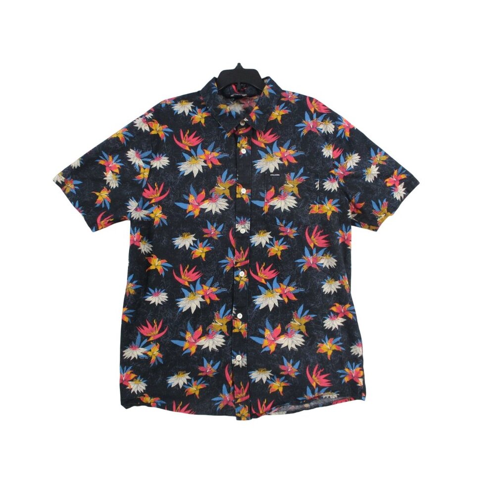 Volcom Mens Floral Print‎ Button-Up Hawaiian Shirt - Navy M 100% Cotton